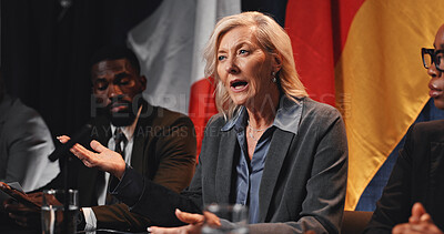 Buy stock photo Politics, group or woman with speech at press conference for media debrief, global summit or opinion. Government panel, forum and mature person with update on policy decision and diplomatic relations