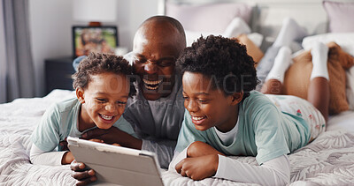 Buy stock photo Children, laugh and dad with tablet in bedroom, bonding and watching cartoons with app subscription. Happy, black man and relax with kids on bed, streaming and entertainment on web for family in home