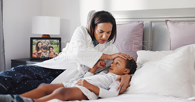 Buy stock photo Fever, sick and mother with child in bedroom for temperature check, support and healthcare. Virus symptoms, medical care and worry with woman and kid in bed of family home for flu monitor and love