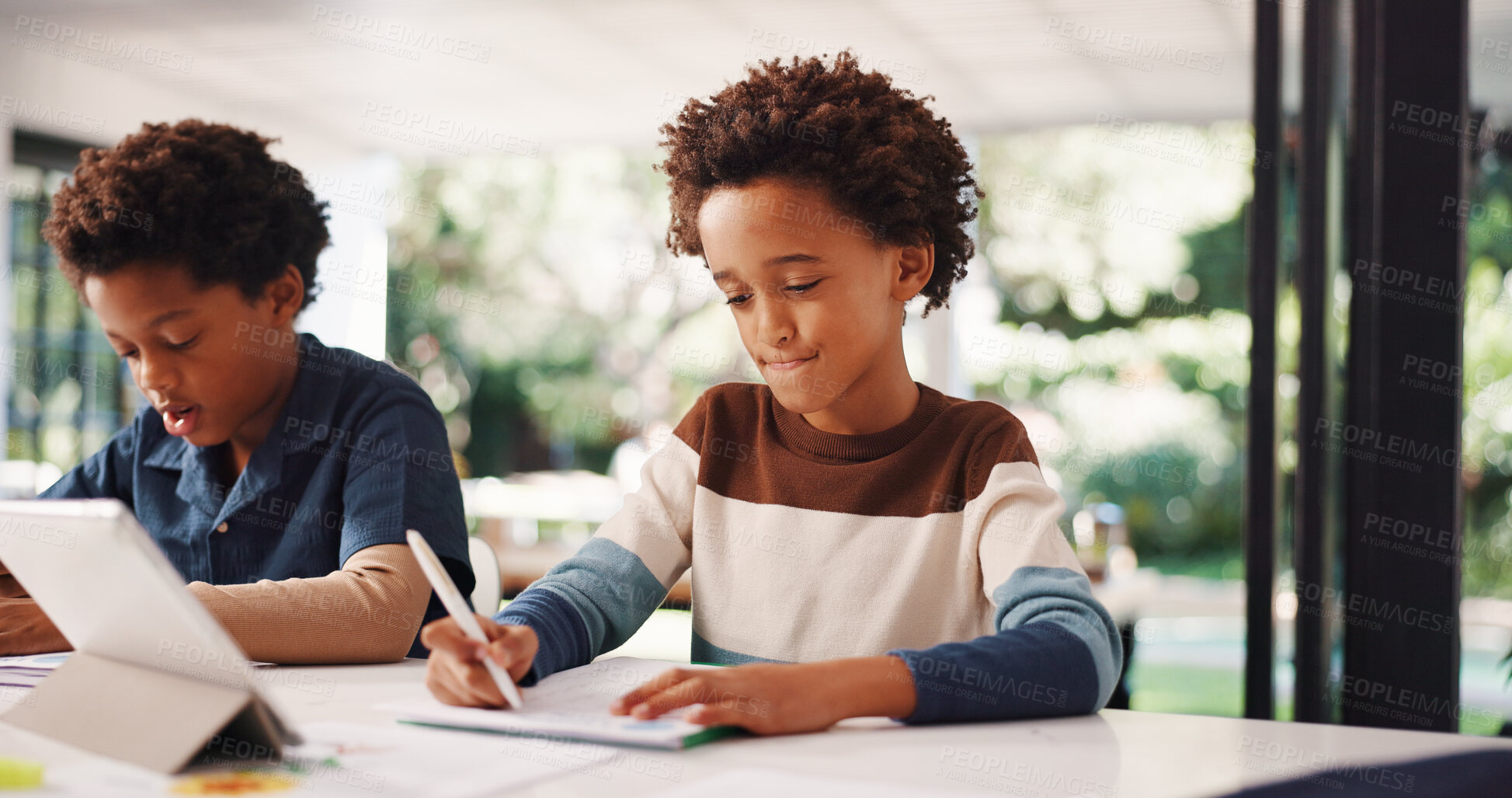 Buy stock photo Tablet, homework and kids in house with education, learning or studying for test together. Writing, tech and boy children with knowledge for school assignment, assessment or exam by desk in apartment