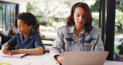 Buy stock photo Woman, remote work and laptop with child learning for proofreading, homework and education. Mother, pc and kid writing for elearning assignment, review article and productivity of publication in home