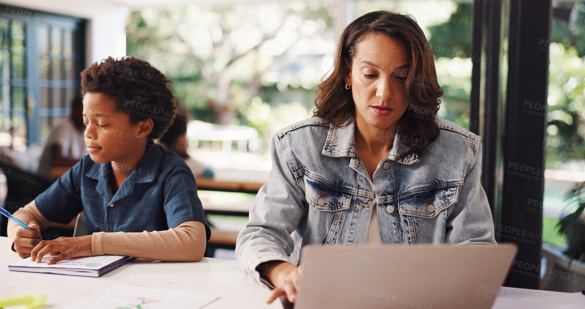 Buy stock photo Woman, remote work and laptop with child learning for proofreading, homework and education. Mother, pc and kid writing for elearning assignment, review article and productivity of publication in home