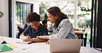 Mother, helping and child for education at house with lesson, homework and learning support. Woman, guidance and kid with notebook for elearning, problem solving and advice for assessment solution