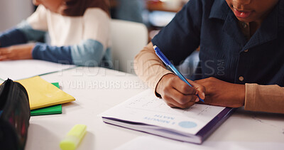 Buy stock photo Homework, books and hands of children in home for learning, development and knowledge. Family, house and kids with paper, stationery and writing for education, studying and assignment for lesson