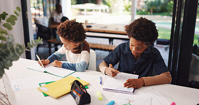 Buy stock photo Drawing, books and above of children in home for creative learning, development and knowledge. Family, homework and kids with paper, crayons and writing for education, studying and motor skills
