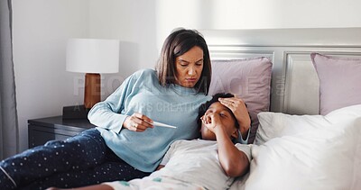Buy stock photo Fever, thermometer and mother with child in bedroom for temperature check, support and healthcare. Virus symptoms, medical care and worry with woman and kid in bed of family home to monitor flu