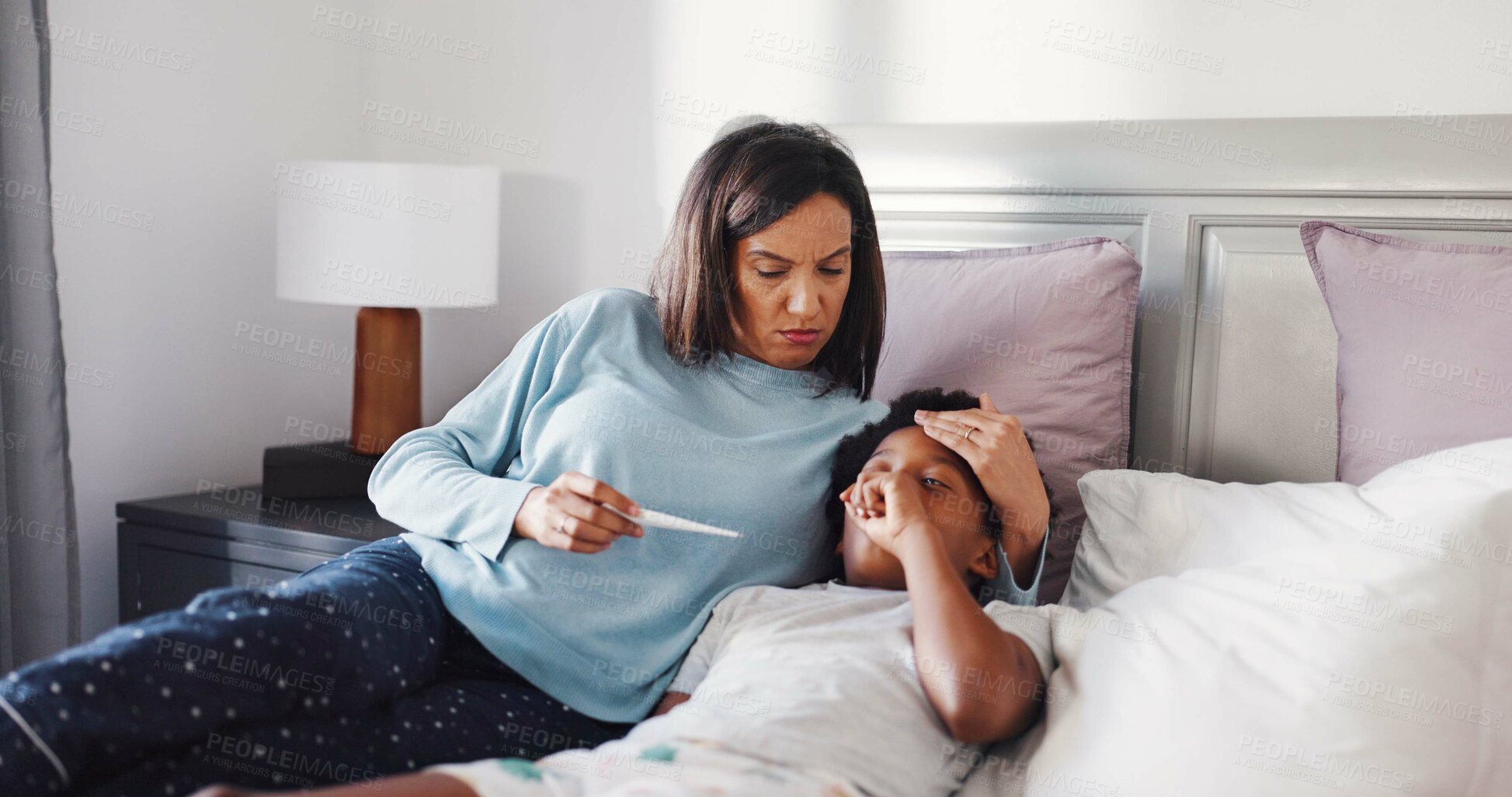 Buy stock photo Fever, thermometer and mother with child in bedroom for temperature check, support and healthcare. Virus symptoms, medical care and worry with woman and kid in bed of family home to monitor flu