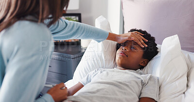 Buy stock photo Fever, forehead and mother with child in bedroom for temperature check, support and healthcare. Virus symptoms, medical care and worry with woman and kid in bed of family home to monitor flu