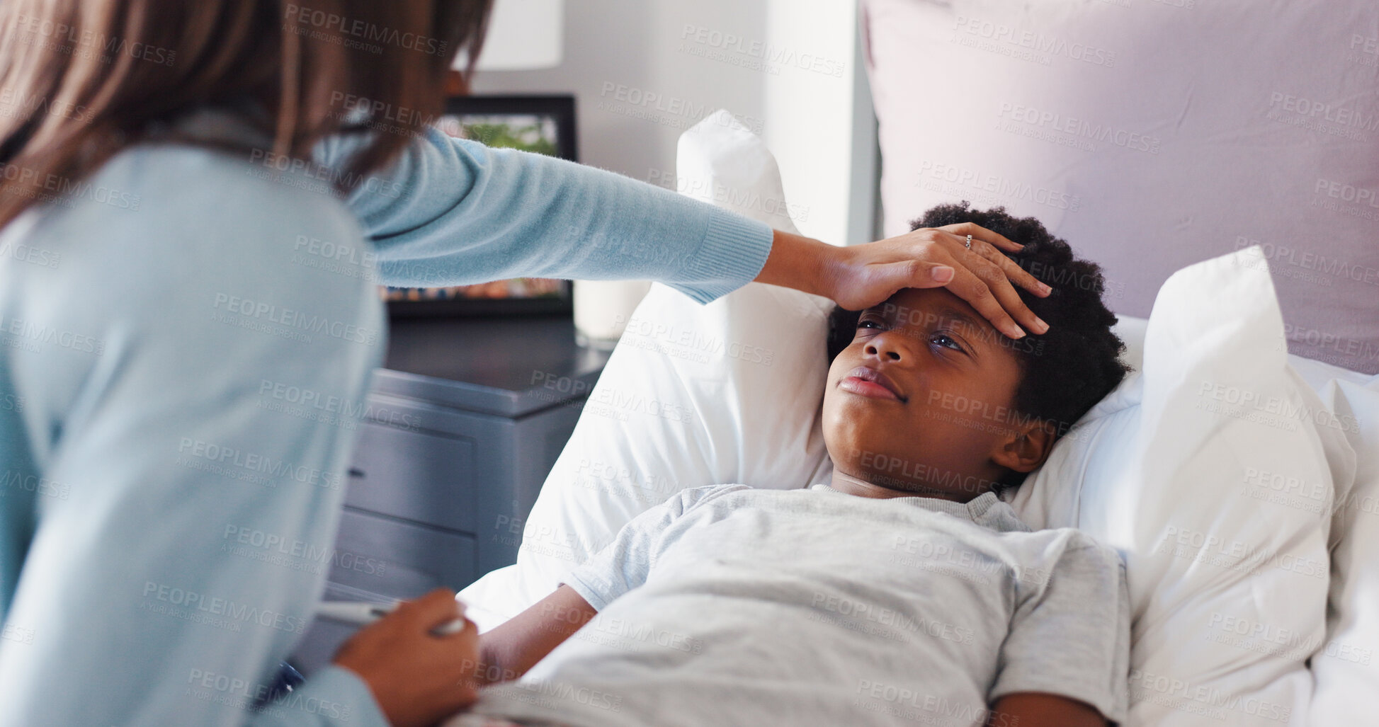 Buy stock photo Fever, forehead and mother with child in bedroom for temperature check, support and healthcare. Virus symptoms, medical care and worry with woman and kid in bed of family home to monitor flu