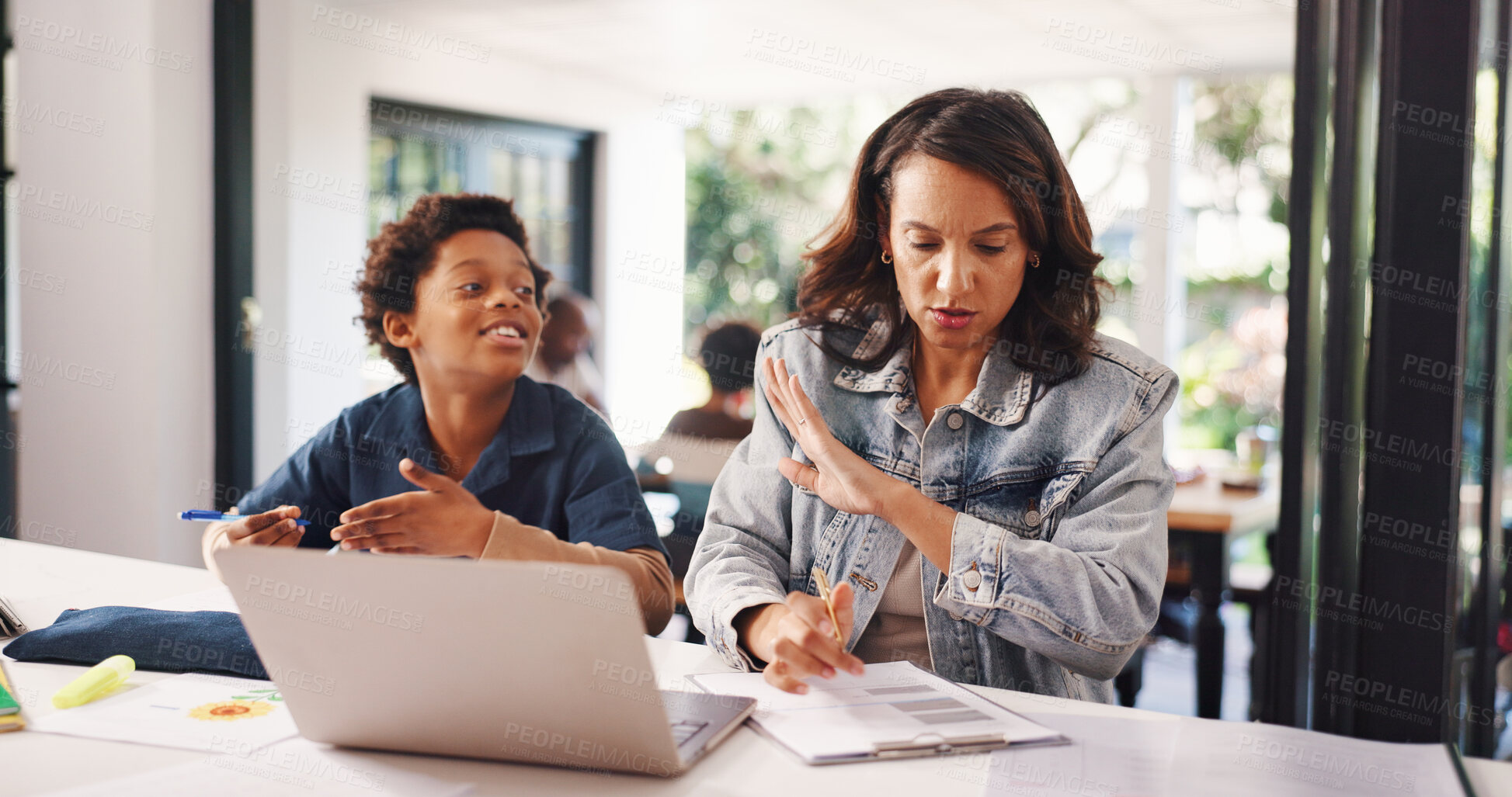 Buy stock photo Busy mom, child and wait with laptop in home for noise, distraction or moment to work. Mother, kid or stop with demanding son with documents, computer or question for multitasking or tasks in house