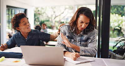 Buy stock photo Mom, stress and boy with remote work, multitasking and stop noise with review project at house. People, mother and annoyed with child, admin or freelance job with writing at interracial family home