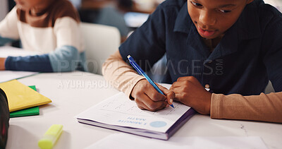 Buy stock photo Writing, homework and children with books in home for learning, development and knowledge. Family, project and kids with paper, stationery and activity for education, studying and maths lesson