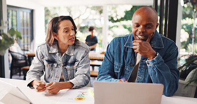 Buy stock photo Reading, online and couple with laptop, home and planning for family trip, budget and cost analysis. Happy, man and searching for holiday destination, booking and interracial marriage with woman