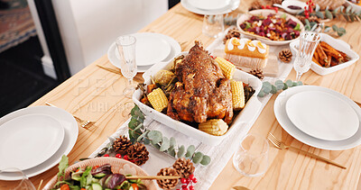 Buy stock photo Food, thanksgiving or table setting with dinner for party, holiday meal or feast with vegetable dish and turkey. Above, house and cuisine with roast supper to celebrate, event and festive decor