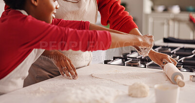 Buy stock photo Parent, hands of child and baking with flour for cookies recipe, culinary skills or help in kitchen. Family, learning or kid with dough preparation in home for Christmas snack, development or bonding
