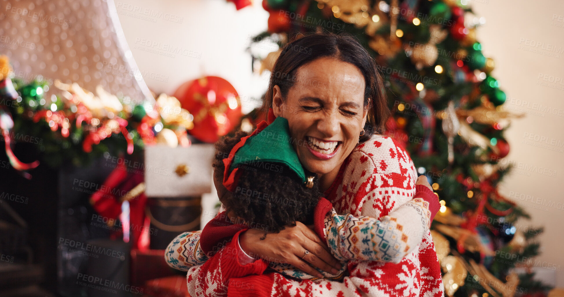 Buy stock photo Happy mom, hug and child with love for christmas celebration, holiday or new year together in home. People, mother and kid with smile, embrace or care for festive weekend, family or bonding in house