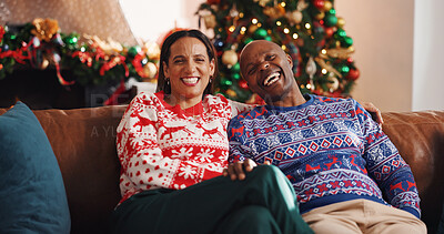 Buy stock photo Christmas, portrait and interracial couple with laugh, tree and love in living room of home together. Joke, smile and man with woman, xmas and holiday or vacation bonding for festive season tradition