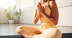 Hands, woman and meditation for yoga in studio with zen, spiritual awareness and holistic healing. Female person, namaste pose and mindfulness with inner peace, balance and practice for mental health