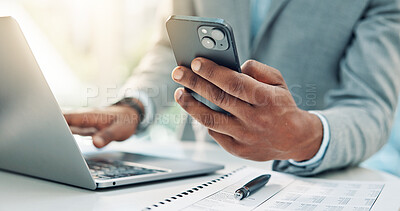 Buy stock photo Hands, phone and business person with laptop for accounting, tax report or financial notification. Computer, mobile or accountant in office with email for audit review, payroll information and budget