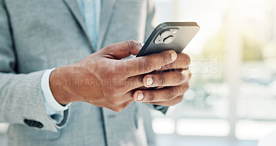 Buy stock photo Hands, business and man reading with phone for research, stock market and trading online. Male person, mobile and review for cryptocurrency, exchange rates and economic update for investment response