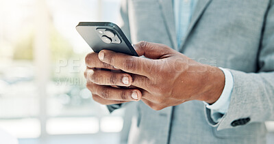 Buy stock photo Hands, mobile and business person in workplace for insurance, policy notification or check schedule. Man, phone or broker in office with email for claims review, coverage information or communication