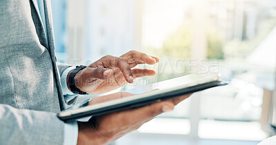 Buy stock photo Browsing, online and hands with tablet in office, accountant and info for tax preparation on website. Scroll, research and person with technology for financial records, employee and filing returns