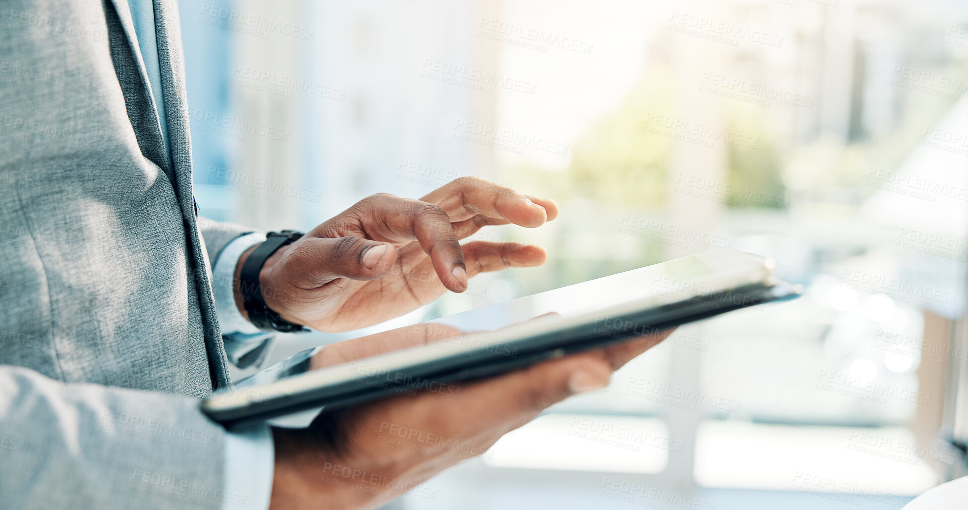 Buy stock photo Browsing, online and hands with tablet in office, accountant and info for tax preparation on website. Scroll, research and person with technology for financial records, employee and filing returns