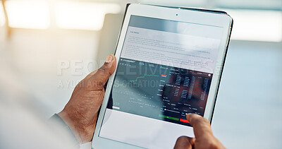 Buy stock photo Business person, hands or screen of tablet for stock exchange, website or app with equity value. Check market, investing price or broker with fintech for trading information, share growth or profit
