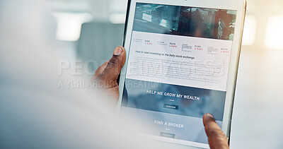 Buy stock photo Business person, hands or screen of tablet for investing information, website or online article for research. Browsing web, stock exchange knowledge or tech for investment growth, trading or internet
