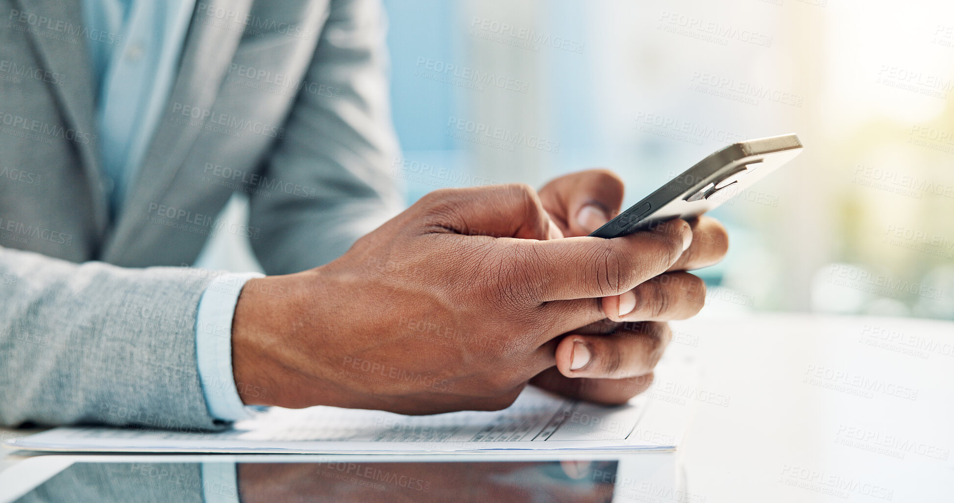 Buy stock photo Hands, business man or typing with phone for accounting app, expense report or budget application. Accountant, person or smartphone in office for online invoice, client feedback or receipt management