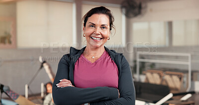 Buy stock photo Portrait, woman and instructor with arms crossed for pilates, fitness and session. Happy, female person and personal trainer for exercise course, training support and join us for wellness membership