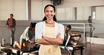 Portrait, woman and arms crossed in class for pilates, fitness pride and personal trainer. Happy, female person and confident for exercise, training support and join us with membership for wellness