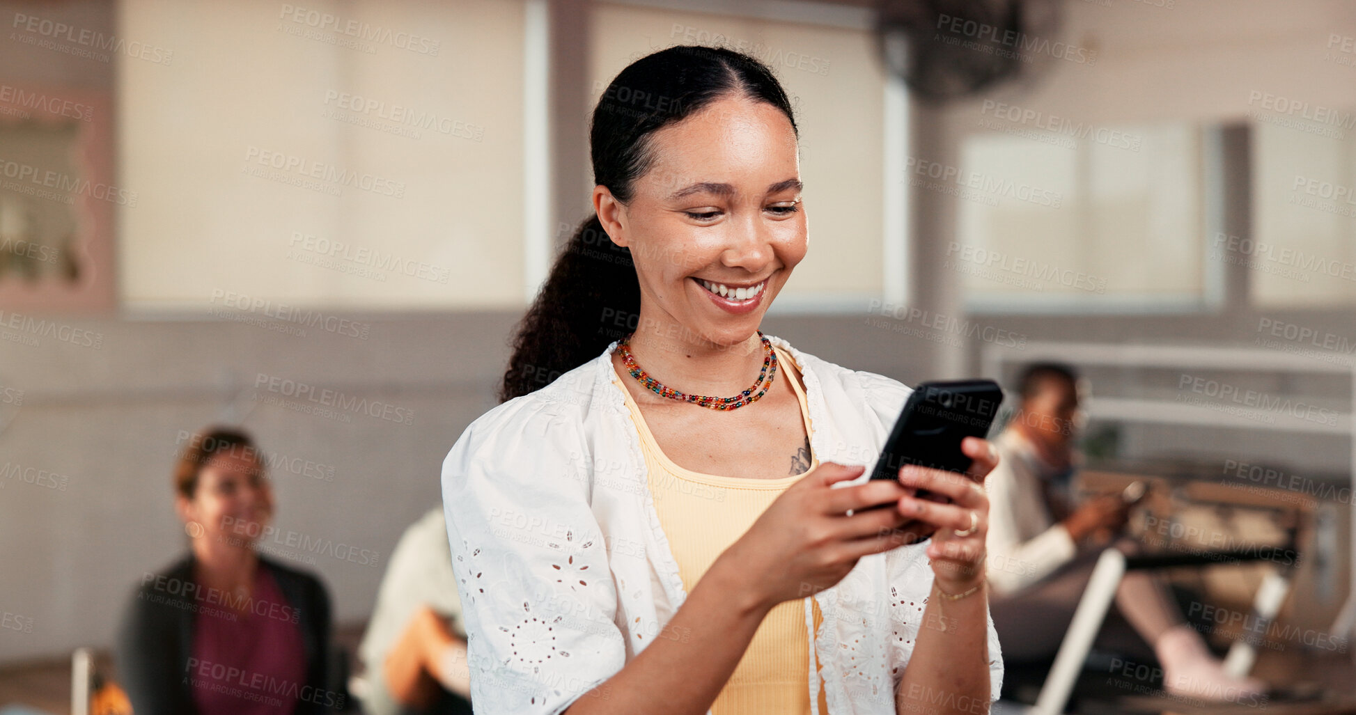 Buy stock photo Pilates, woman and smile with phone in studio for membership renewal, sign up or health progress. Fitness, person and happy with mobile app at wellness class for online registration or exercise break