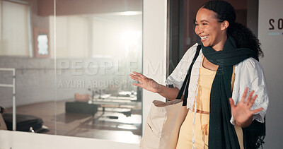 Buy stock photo Woman, happy and start pilates at gym, greeting and wave hello for wellness at exercise club. Person, excited and ready for routine at fitness class, smile or confidence for training at center