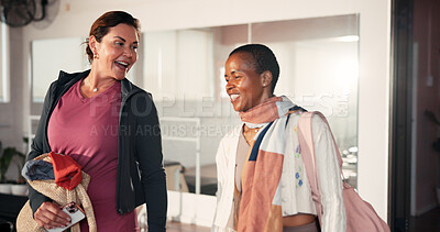 Buy stock photo Smile, women and friends talk for pilates with fitness feedback, training tips and progress. Mature people, discussion and preparation for exercise, explain technique and advice with wellness session