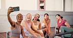 Happy women, class and fitness with selfie for memory, picture or photography together. Group, female people or friends with smile for capture moment, gathering or workout session in health club