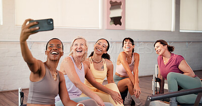 Buy stock photo Happy women, class and fitness with selfie for memory, picture or photography together. Group, female people or friends with smile for capture moment, gathering or workout session in health club