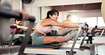 Woman, reformer and pilates class with machine for stretching, flexibility or physical exercise. Active, female person or group with fitness equipment for workout, balance or resistance training