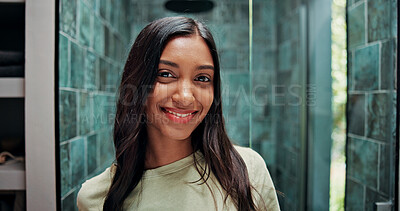 Buy stock photo Skincare, portrait and Indian woman in bathroom with smile, natural and hygiene results in home. Happiness, shine and female person in house for grooming, dermatology and glow in facial treatment.
