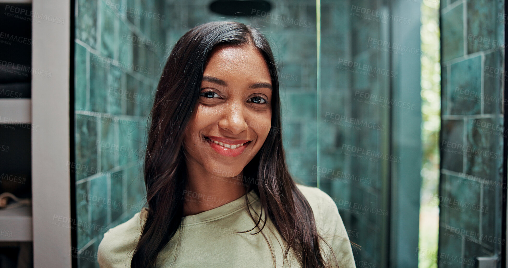 Buy stock photo Skincare, portrait and Indian woman in bathroom with smile, natural and hygiene results in home. Happiness, shine and female person in house for grooming, dermatology and glow in facial treatment.