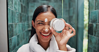 Buy stock photo Cosmetics, cream and portrait with woman in bathroom for beauty, retinol moisturizer and self care. Dermatology, lotion and skincare with person in home for hydration, glow and facial treatment