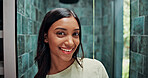 Skincare, portrait and Indian woman in house with smile, natural and hygiene results in home. Happiness, shower and female person in bathroom for grooming, dermatology and glow in facial treatment.