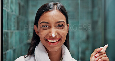 Buy stock photo Beauty, cosmetics  and portrait with woman in bathroom for lotion, retinol moisturizer and self care. Dermatology, cream and skincare with person in home for hydration, glow and facial treatment