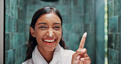 Buy stock photo Beauty, lotion and nose with portrait of woman in bathroom for skincare, retinol moisturizer and self care. Dermatology, cream and cosmetics with person in home for hydration, glow and facial