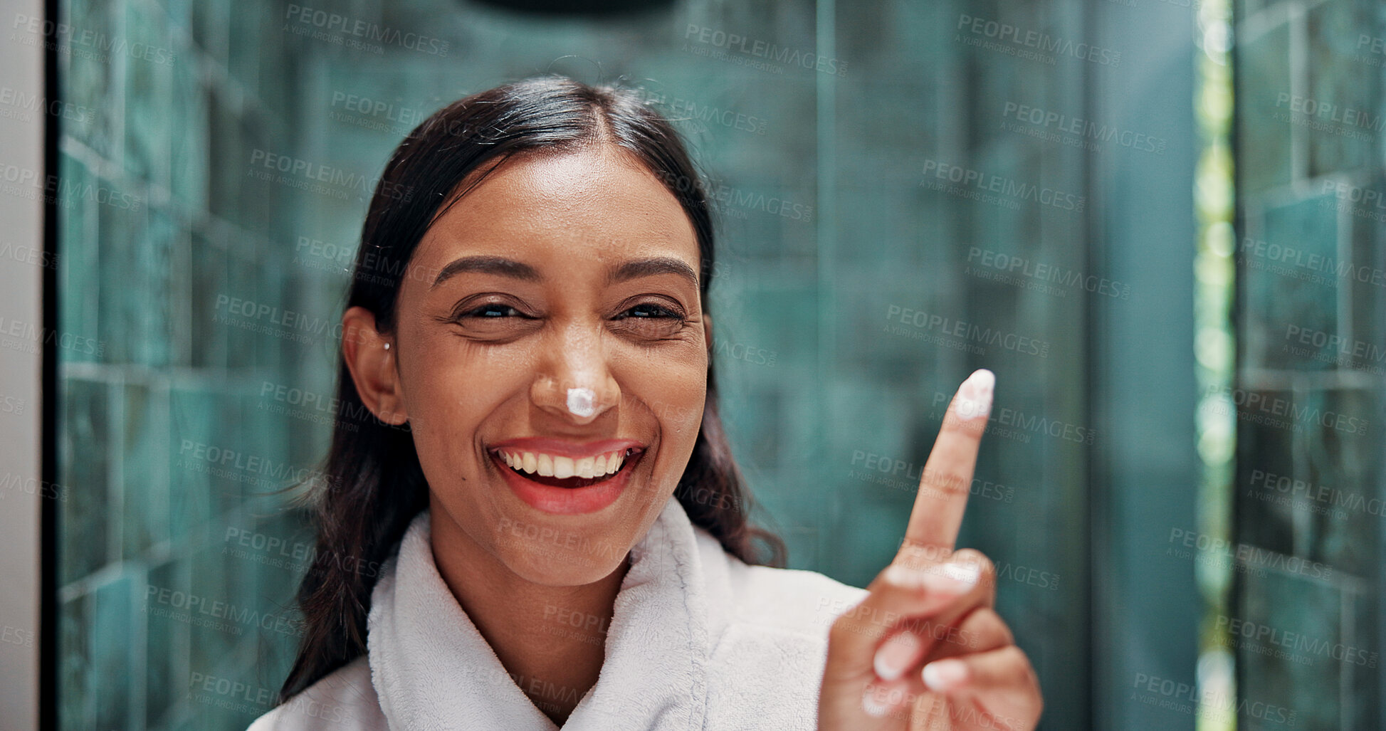 Buy stock photo Beauty, lotion and nose with portrait of woman in bathroom for skincare, retinol moisturizer and self care. Dermatology, cream and cosmetics with person in home for hydration, glow and facial