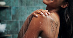 Water, shower and woman in bathroom for washing skin for hygiene, wellness or health routine. Self care, beauty and female person with cleaning body for grooming treatment in morning at apartment.