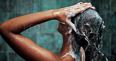 Buy stock photo Shower, woman and shampoo for hair care in bathroom, hygiene or clean with morning routine. Foam, person or wash scalp with water, cosmetics or hairstyle treatment for beauty with conditioner in home