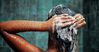 Buy stock photo Shower, woman and shampoo for hair, cleaning or hygiene with morning routine in home. Soap, person or wash scalp with water, cosmetics or haircare treatment for beauty with foam in bathroom from back