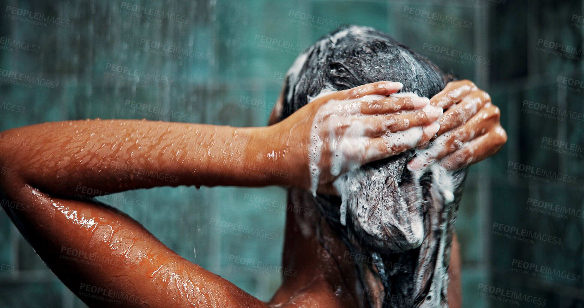 Buy stock photo Shower, woman and shampoo for hair, cleaning or hygiene with morning routine in home. Soap, person or wash scalp with water, cosmetics or haircare treatment for beauty with foam in bathroom from back
