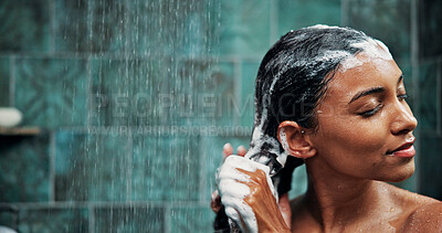 Buy stock photo Shampoo, water and woman with haircare in shower for dandruff removal, hygiene and scalp cleansing. Space, wet person and washing hair in home for repair treatment, grooming routine and cleanliness